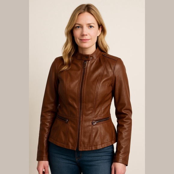 G.I.L.I. Jackets & Blazers - GILI British Tan Leather Peplum Jacket Coat 
Size 2  Zip Front and Sleeves NWT